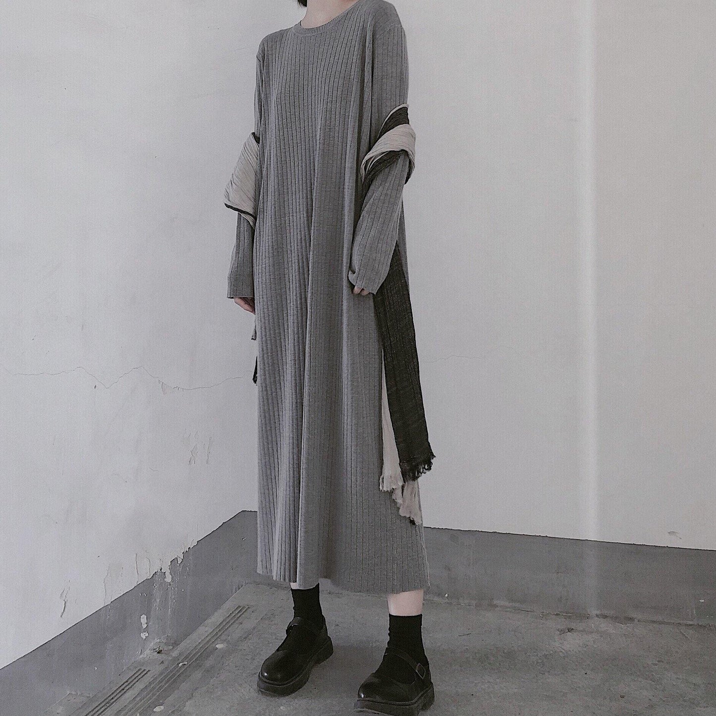 Winter Gray Sweate Outfit Refashion O Neck Long Sleeve Art  Knit Dresses