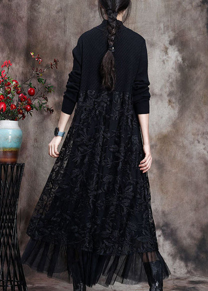 Women Black Knit Patchwork asymmetrical design Fall Knit Dress