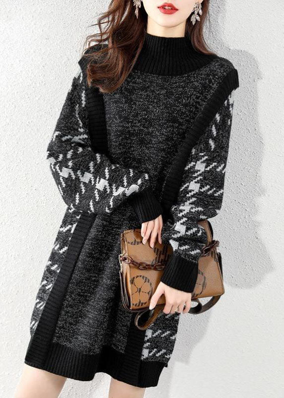 Women Black O-Neck Patchwork Knit Sweater Dress Winter