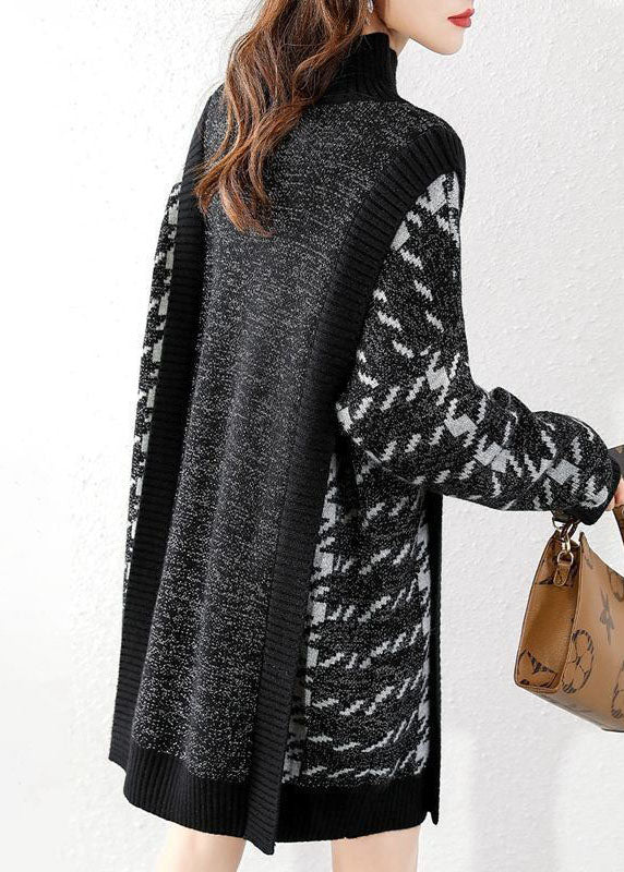 Women Black O-Neck Patchwork Knit Sweater Dress Winter