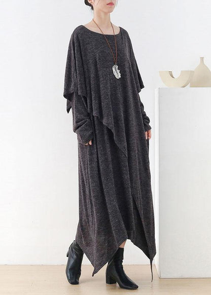 Women Grey O-Neck Patchwork Fall Cotton Dress