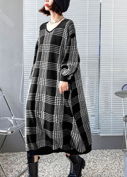 Women White Plaid Casual Fall Knitted Dress