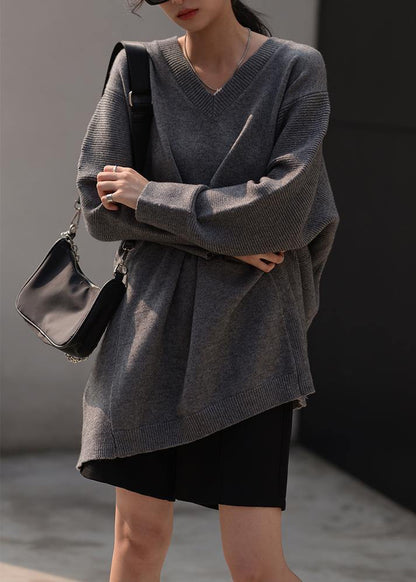 Women fall dark gray sweaters oversized v neck Blouse