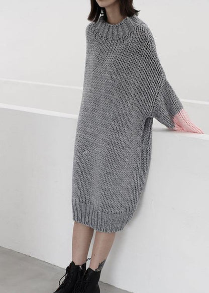 Women gray Sweater knit top pattern Upcycle o neck Batwing Sleeve knit dress