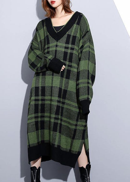 Women green plaid Cotton Long Shirts side open daily v neck Dress