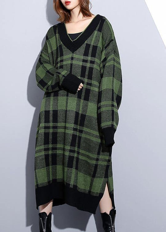 Women green plaid Cotton Long Shirts side open daily v neck Dress