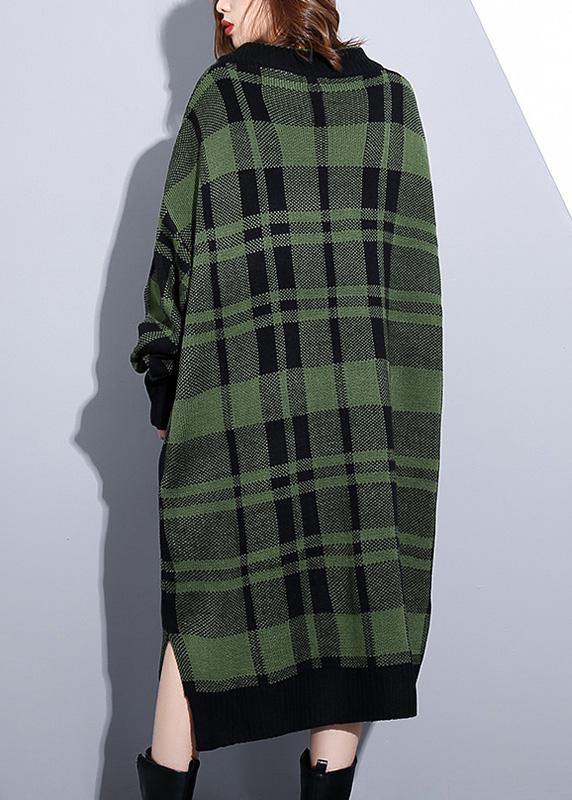 Women green plaid Cotton Long Shirts side open daily v neck Dress