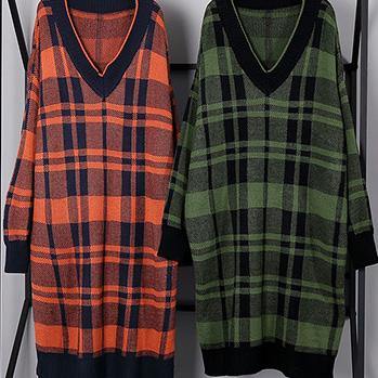 Women green plaid Cotton Long Shirts side open daily v neck Dress