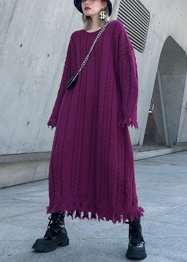 Women purple Sweater dresses Refashion cable Largo tassel sweater dress