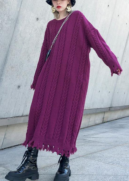 Women purple Sweater dresses Refashion cable Largo tassel sweater dress