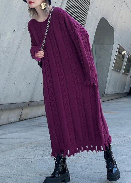 Women purple Sweater dresses Refashion cable Largo tassel sweater dress