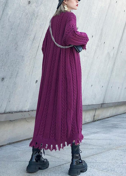 Women purple Sweater dresses Refashion cable Largo tassel sweater dress