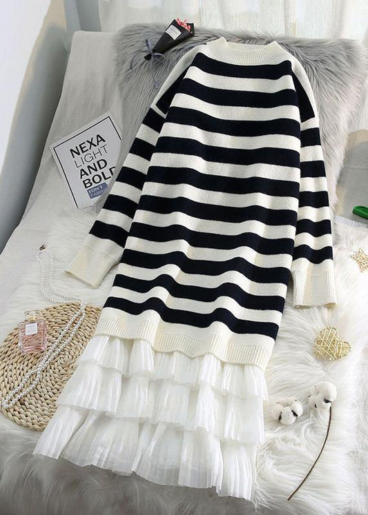 Women striped Sweater weather fashion patchwork Fuzzy knit dress