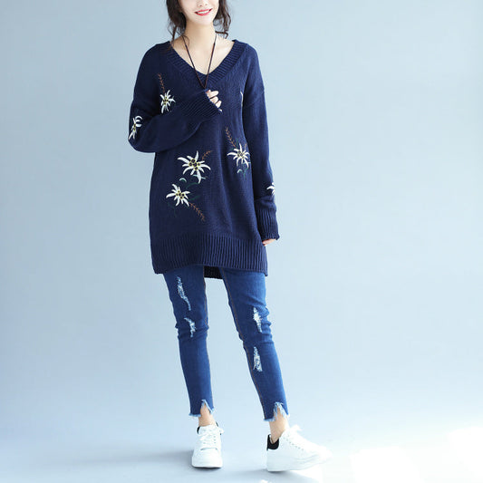 autumn fashion blue embroidery sweater dress oversize mid long knit pullover dresses