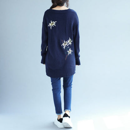 autumn fashion blue embroidery sweater dress oversize mid long knit pullover dresses