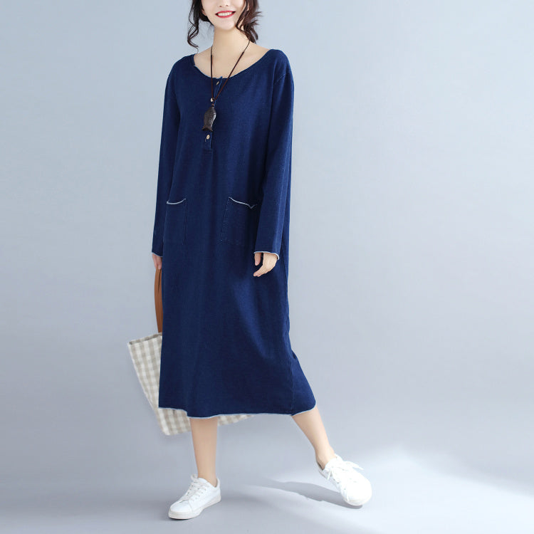 baggy new navy fashion casual knit dresses loose long sleeve pockets sweater dress