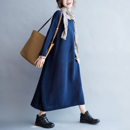 blue casual warm knit dresses oversize o neck sweater dress