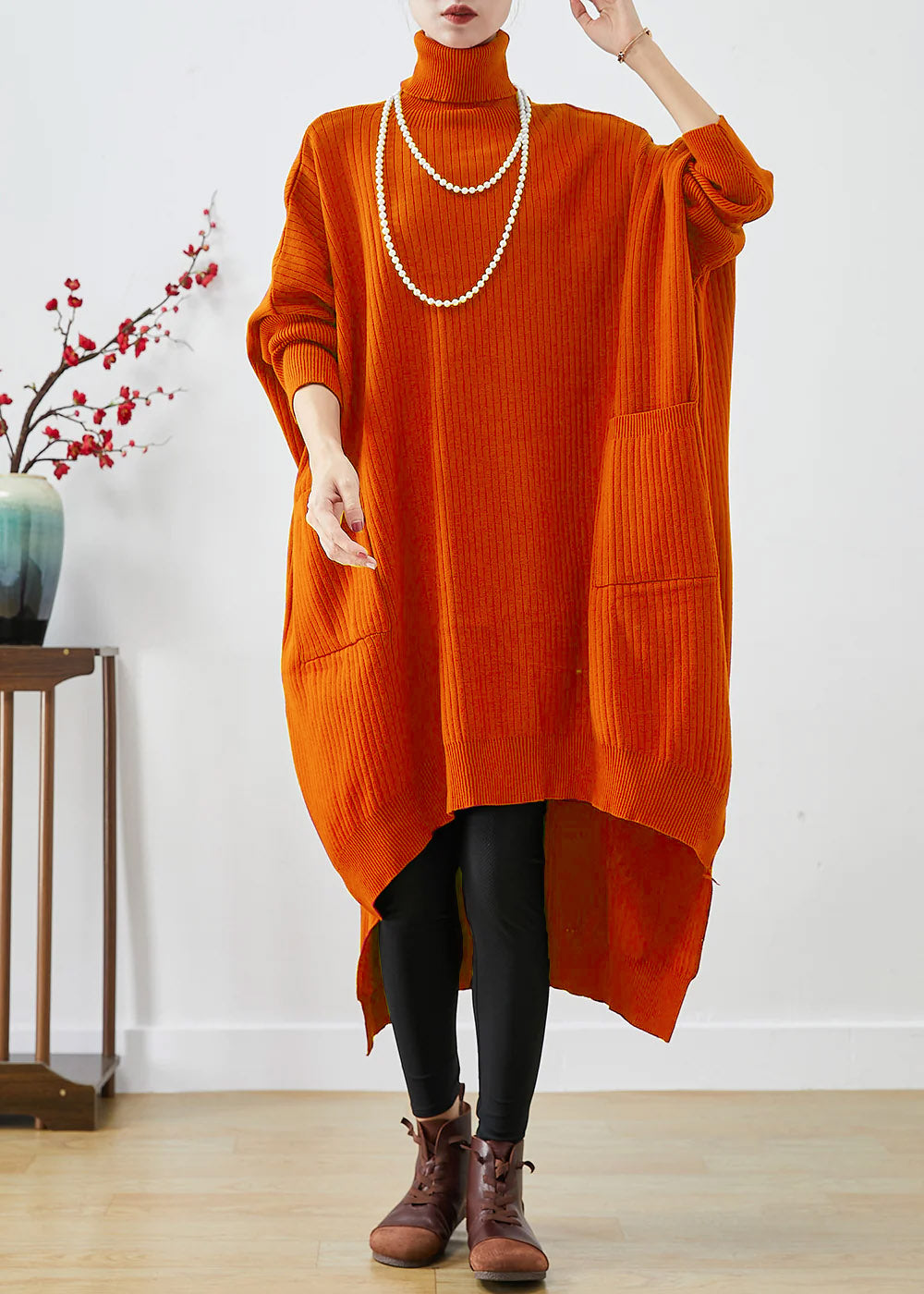 Blue Oversized Knit Sweater Dress Turtle Neck Asymmetrical Batwing Sleeve