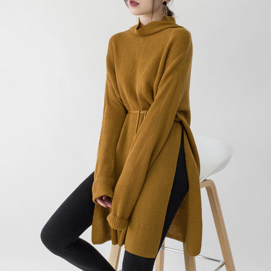 vintage yellow sweater dresses Loose fitting high neck side open long knit sweaters casual tie waist winter dress