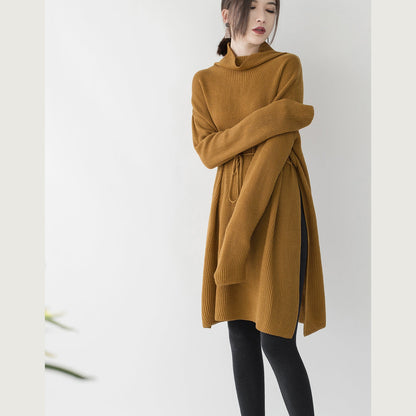 vintage yellow sweater dresses Loose fitting high neck side open long knit sweaters casual tie waist winter dress