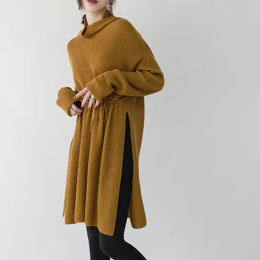 vintage yellow sweater dresses Loose fitting high neck side open long knit sweaters casual tie waist winter dress