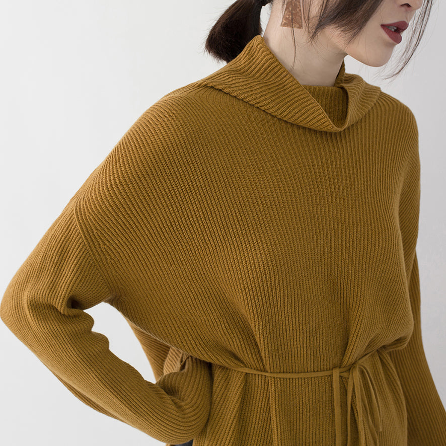 vintage yellow sweater dresses Loose fitting high neck side open long knit sweaters casual tie waist winter dress